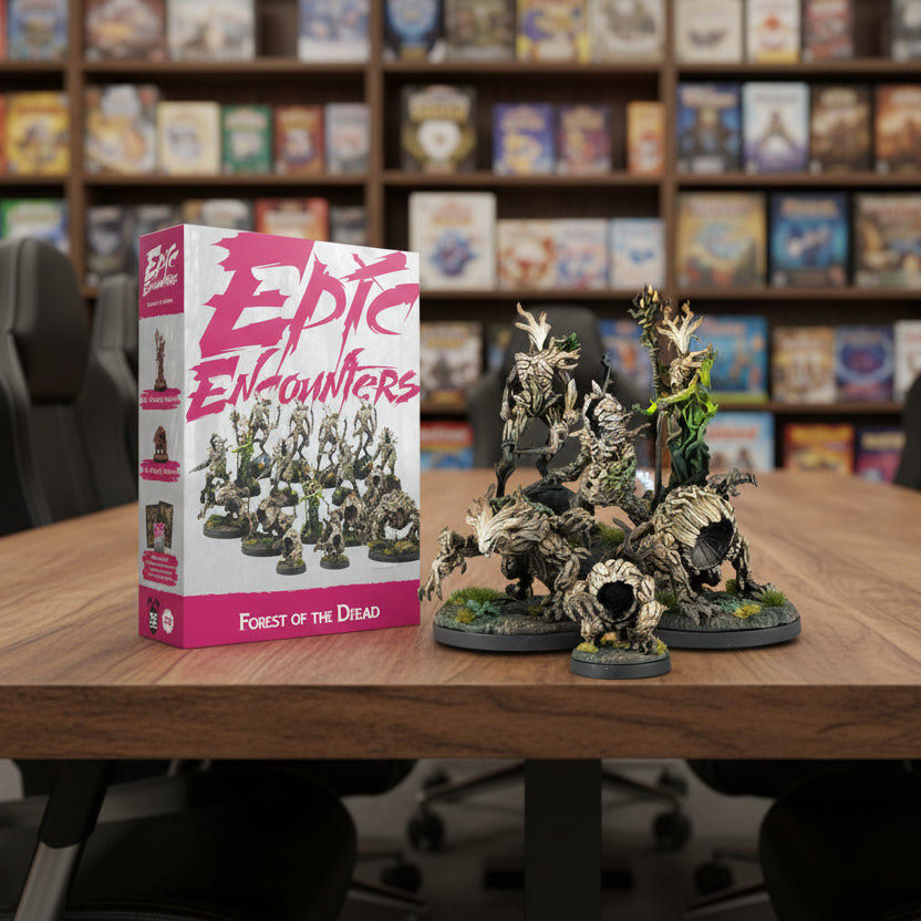 Miniature figurines from 'Epic Encounters' with a box in the background