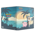 Pokémon Trading Card Game binder sleeves shown as a 3-ring binder with a tropical beach scene printed on the cover, featuring a blonde girl, a pink creature, and palm trees.