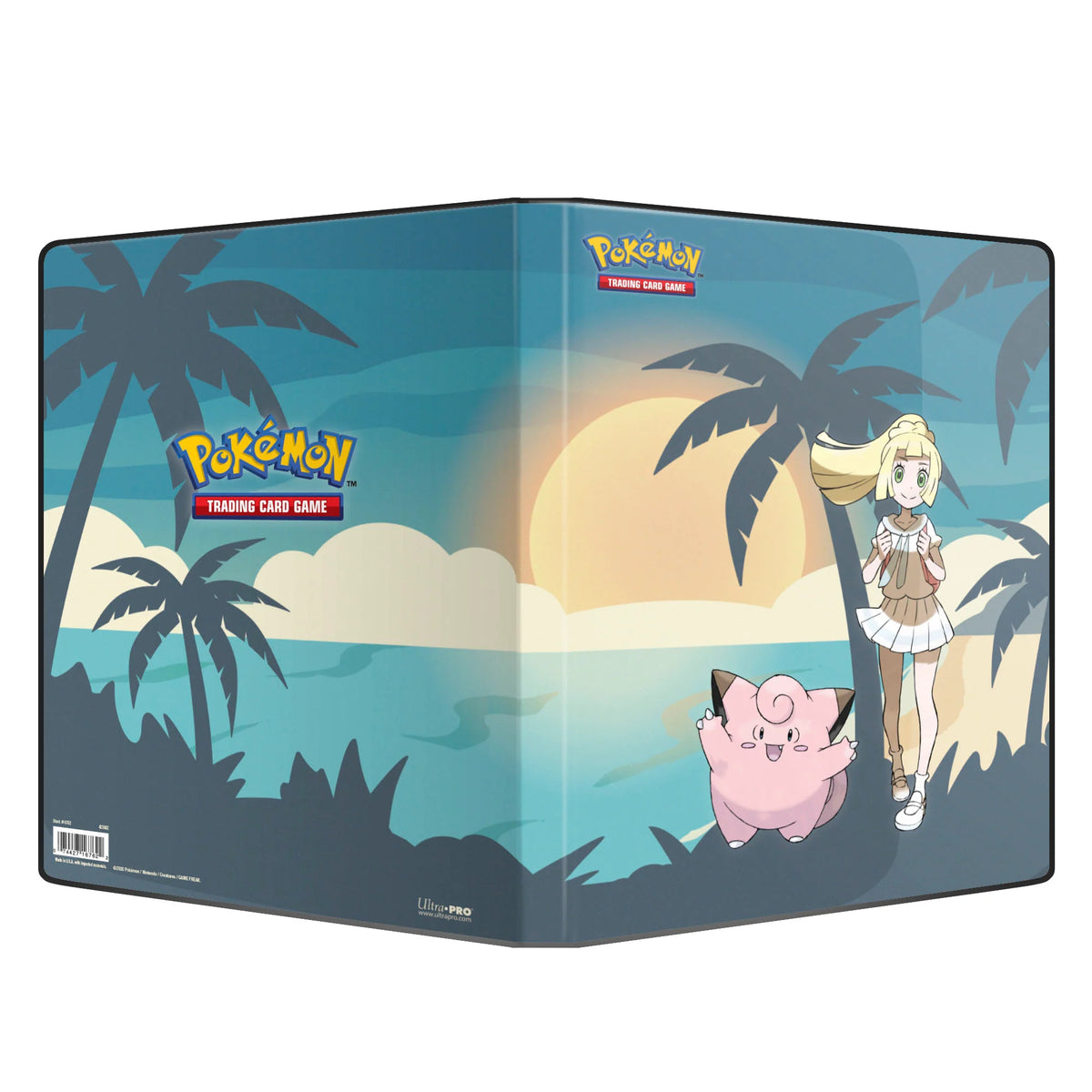 Pokémon Trading Card Game binder sleeves shown as a 3-ring binder with a tropical beach scene printed on the cover, featuring a blonde girl, a pink creature, and palm trees.