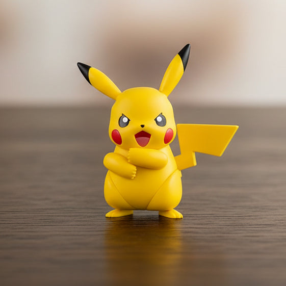 Yellow Pikachu figure with red cheeks and black ears on a white background