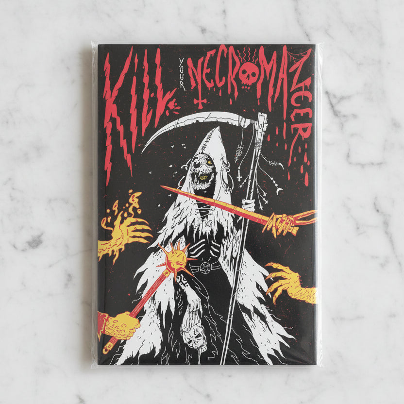Illustration of a skeleton with a scythe and flames, featuring the text 'Kill Necromancer' on a black background.