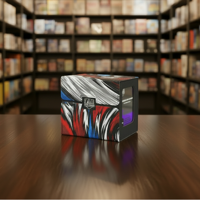 Magnetic card holder with colorful abstract design on a white background