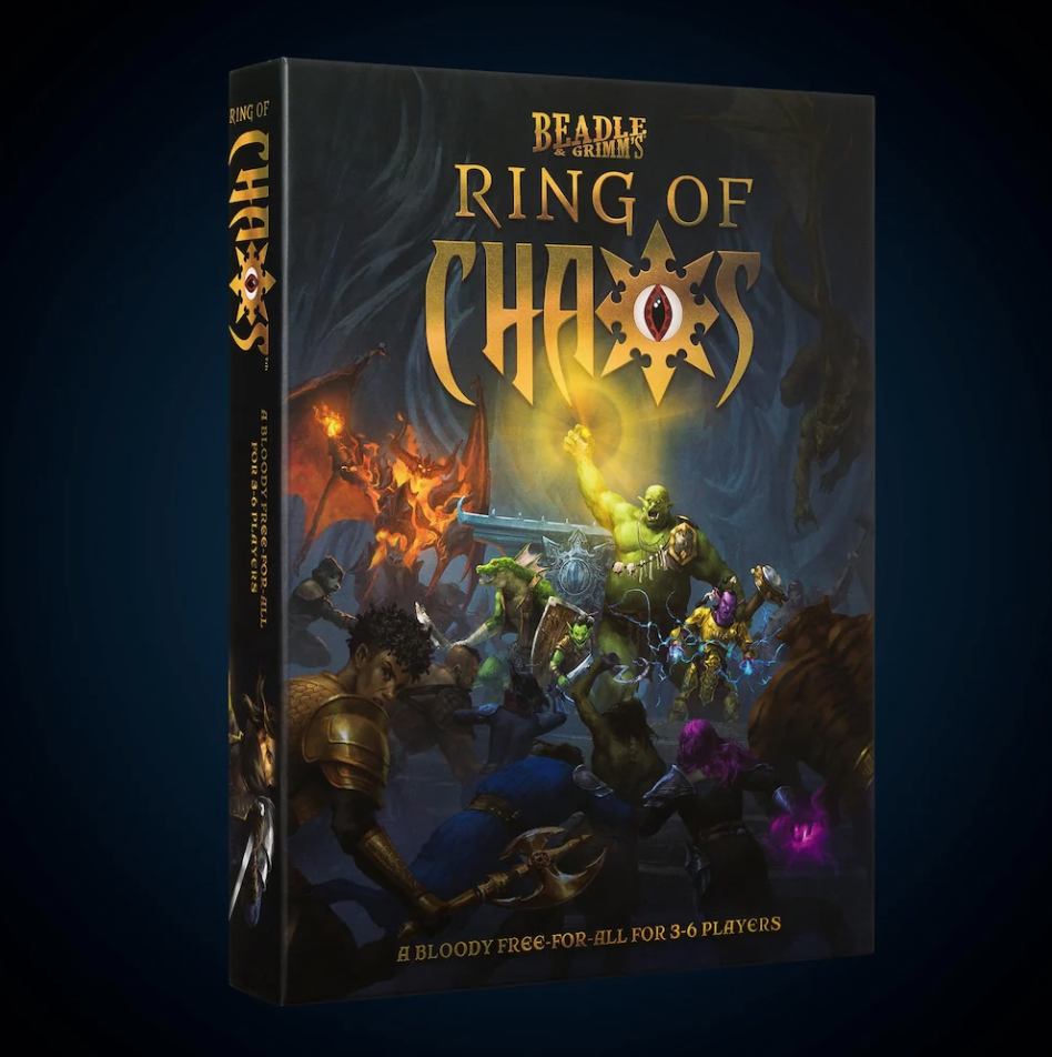 Game box for 'Ring of Chaos' with fantasy characters and text on a dark background