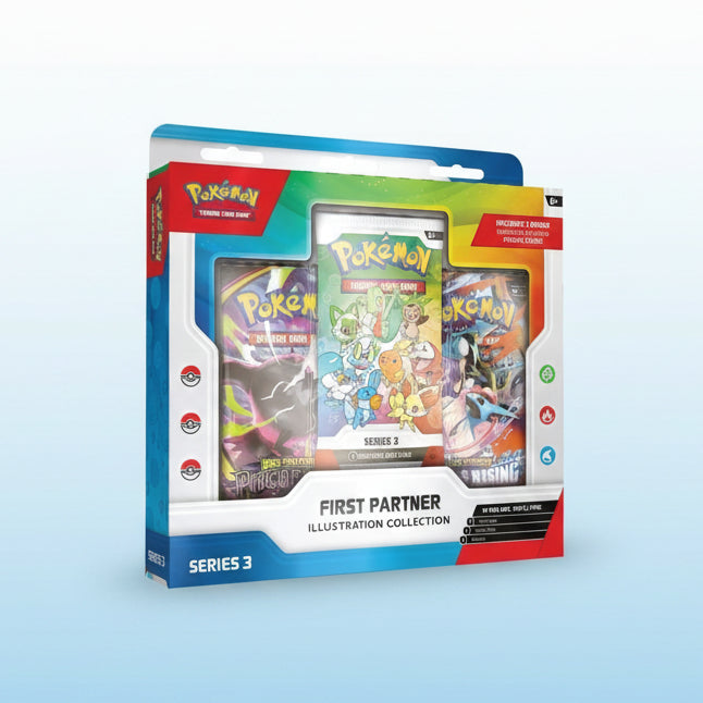 Pokémon Trading Card Game First Partner Illustration Collection Series 3 box set, containing a Pokémon TCG card game, a Pokémon booster pack, and illustration cards, shown in its retail packaging.