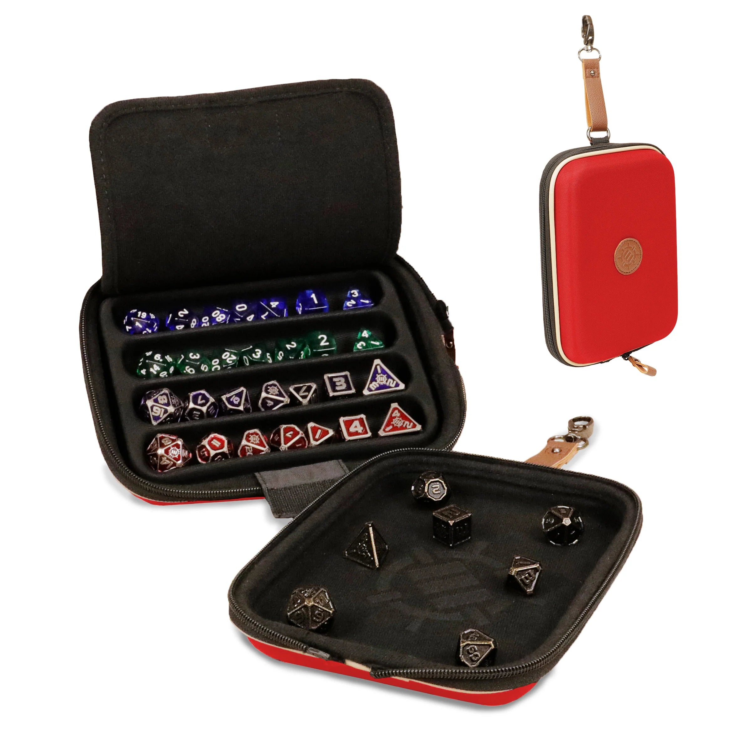 Black carrying case with dice set and red carrying case on a white background