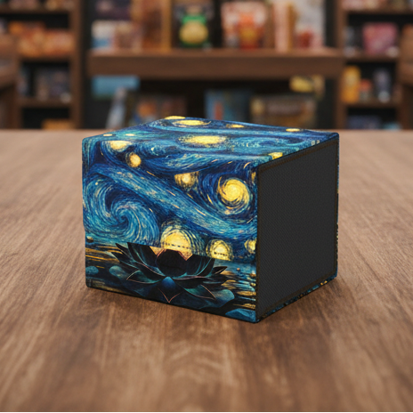 Cube-shaped box with 'Starry Night' design on a white background