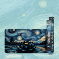 Playmat with 'Starry Night' design and text about soft textured surface for safe card play, against a stylized 'Starry Night' background.