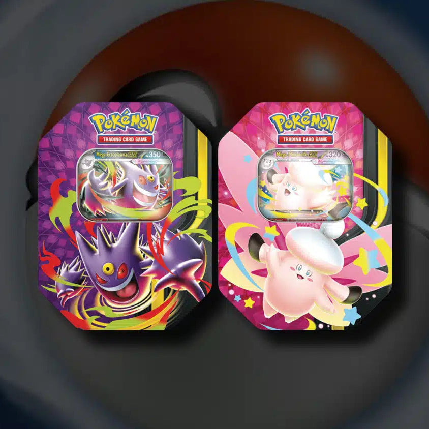 Two colorful Pokémon trading card games on a swirling dark background