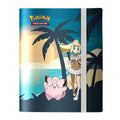 Pokémon trading card game binder with beach scene design featuring a character and a pink creature.