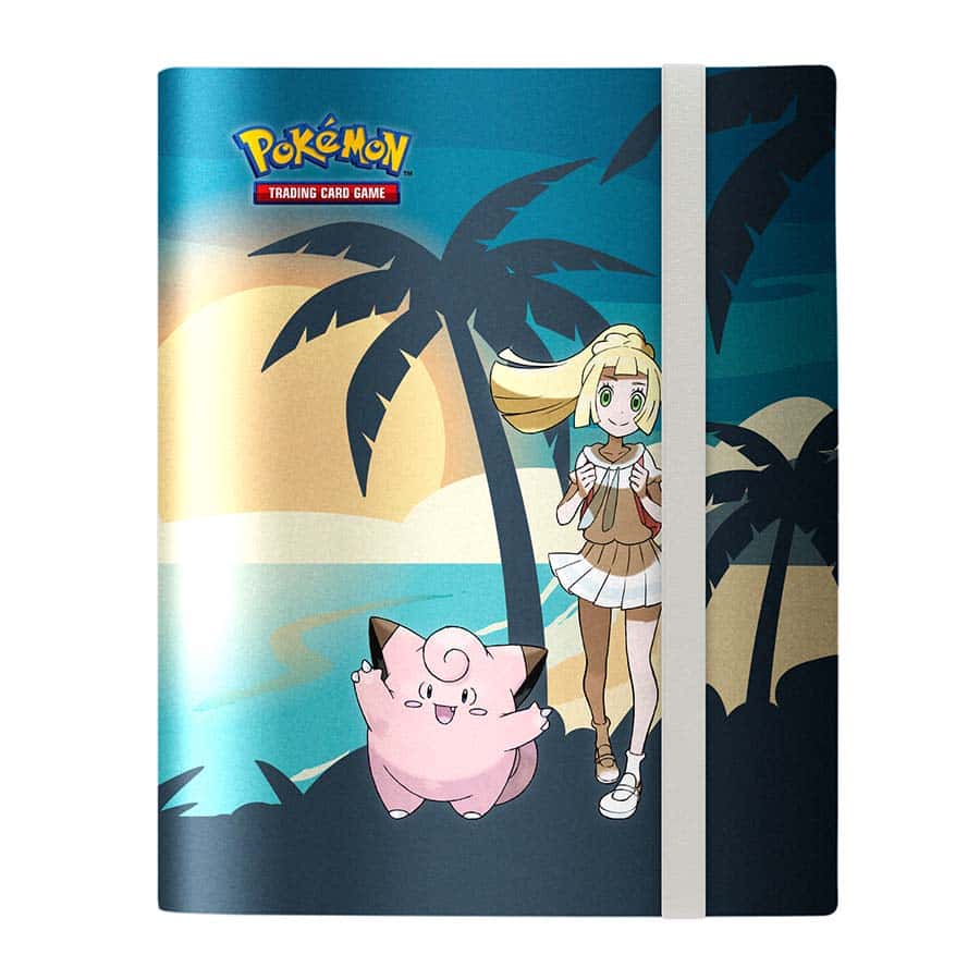 Pokémon trading card game binder with beach scene design featuring a character and a pink creature.