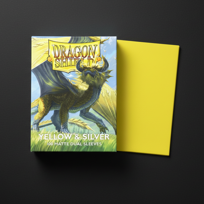 Dragon Shield yellow and silver card sleeves with a dragon illustration on packaging.